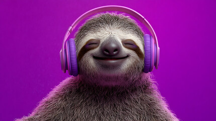 Fototapeta premium Happy sloth wearing purple headphones enjoying music animal mammal