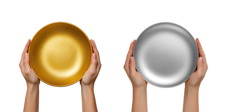 Hands Holding Empty Golden Plate isolated on transparent background