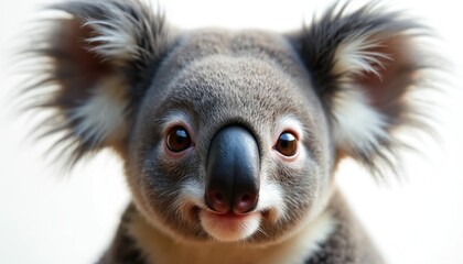 Fototapeta premium Cute koala face close up on white backdrop. Fuzzy Australian marsupial animal with big brown eyes and dark nose. Baby koala looking at viewer with soft furry ears.