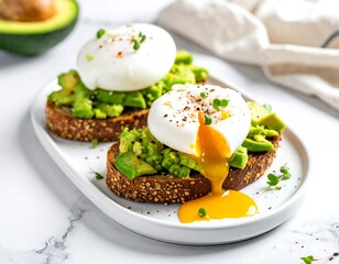 Avocado toast with runny egg yolk on a white oval plate