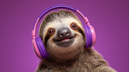 Fototapeta premium Happy sloth wearing pink and purple headphones listening to music animal cute