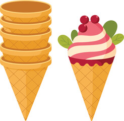 Vector Ice Cream Cones Set, Stacked Waffle Cones, Berry Whipped Cream Dessert, and Summer Treat Graphic