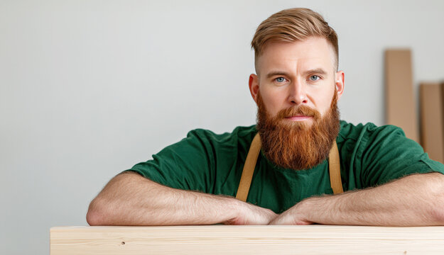 A focused carpenter with a beard and apron leans on a wooden surface, exuding craftsmanship and dedication.