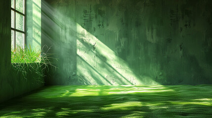 Obraz premium Sunlight streams into a sunlit, grunge, green room with grass on the floor.