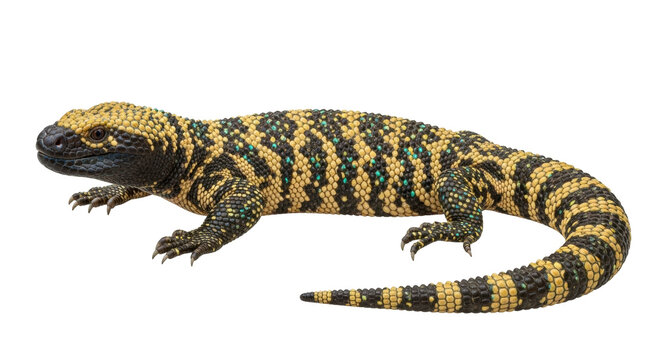 Isolated Gila monster lizard with black, yellow, and green scales, curled tail, predator, zoo