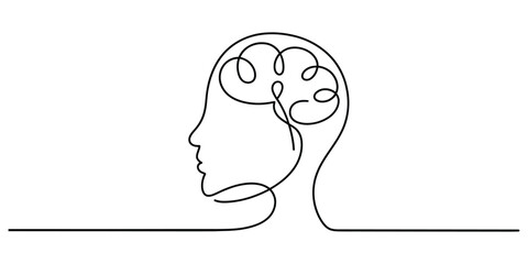 One continuous line drawing human head brain profile concept.
