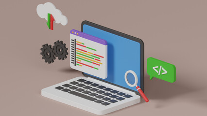 Dynamic digital code development with cloud integration and search optimization on a modern laptop interface