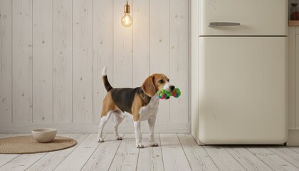 Beagle dog holding a colorful toy and standing in a modern kitchen with a light wooden wall and a retro style refrigerator, depicting pet life and domestic animals