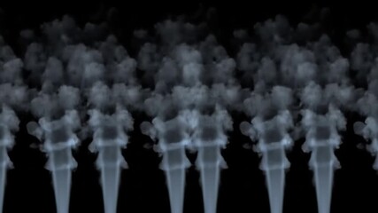 Abstract animation of multiple blue and grey smoke plumes rising vertically against a dark black background creating a mesmerizing and ethereal visual effect with fluid motion and dynamic patterns. - Powered by Adobe