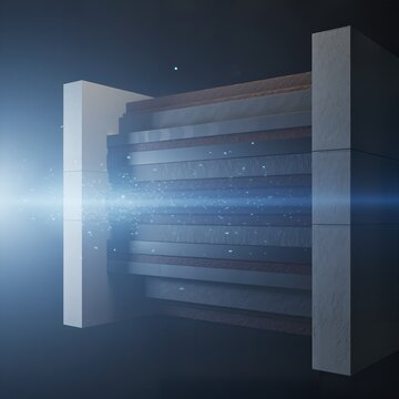 Cross-section of advanced layered material, battery cell, or supercapacitor core with a blue energy beam passing through. Concept of material science and nanotech