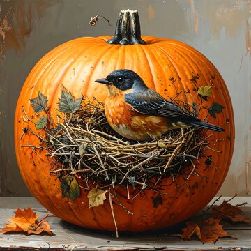 Creative autumn still life of a small bird resting in a nest on a large orange pumpkin.
