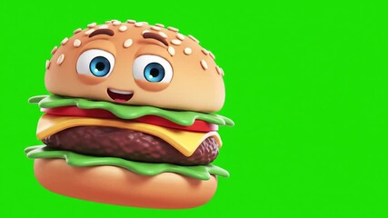 Animated 3D cartoon burger character with big blue eyes and a happy smile on a vibrant green screen background ideal for food advertisements and childrens content. - Powered by Adobe
