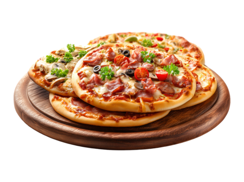 Delicious Assortment of Mini Pizzas on a Wooden Board isolated on transparent background