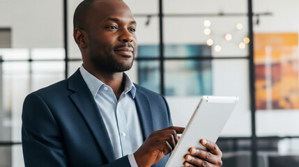 African American Businessman Using Digital Tablet in Modern Office