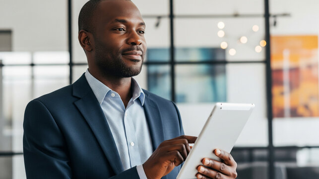 African American Businessman Using Digital Tablet in Modern Office