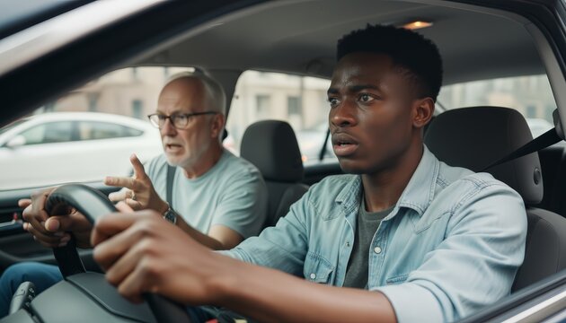 Young african american man focused and tense during a driving lesson, gripping the wheel while an experienced instructor gives guidance from the passenger seat on an urban street