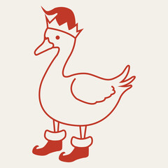 Christmas goose illustration wearing elf hat and shoes. Holiday goose line art for festive decor, greeting cards, stickers.