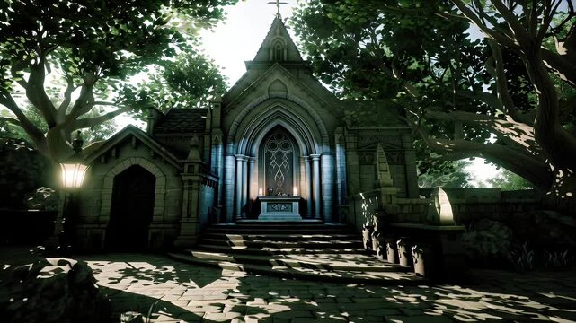 Sunlit Gothic Church Entrance Framed by Tall Trees and Shadowed Pathways