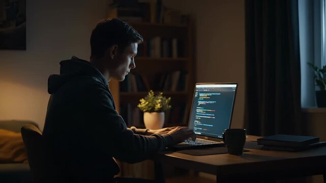 Programmer types code on laptop. Developer reads code on screen. Night workspace shows focused engineer programming. Hands move over keyboard while code updates. Modern development and coding