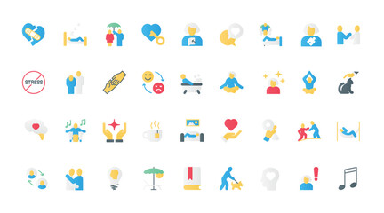 Psychology assistance and therapy, symbols of self mind hygiene and mental health to heal stress problems and depression. Help and support in stress, wellbeing flat icons set vector illustration.