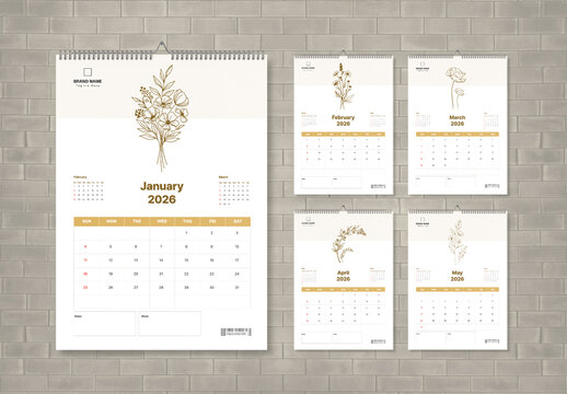 Minimal Floral 2026 Wall Calendar Design Template with Illustration
