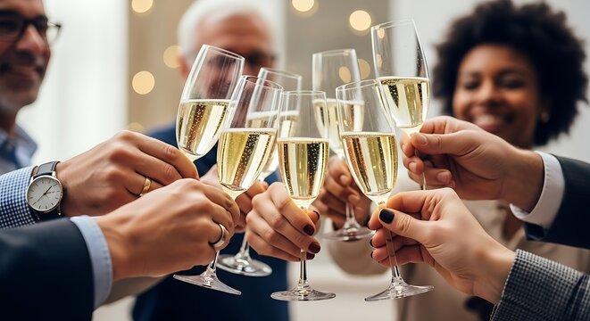 Diverse group of friends raising champagne glasses in a toast celebration