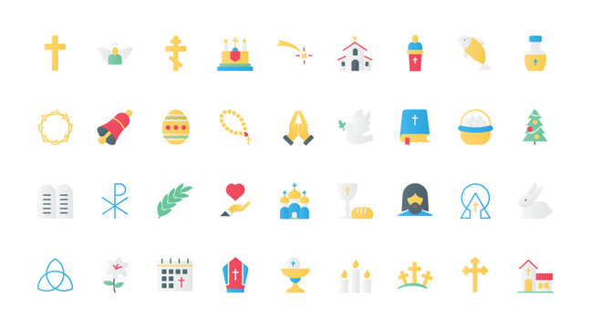 Christian religion flat icons set vector illustration. First communion and worship symbols, Christmas and Easter religious celebration, catholic and baptism church and holy Bible.