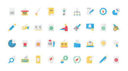 Abstract authors symbols to write blog content and articles, pencil and pen, copyright patent protection for original text. Storytelling, copywriting flat icons set vector illustration.