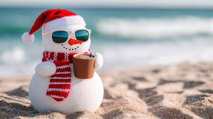 Christmas snowman wearing sunglasses and Santa hat enjoys hot chocolate on sandy beach with ocean in background creating joyful holiday scene