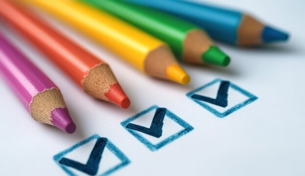 Colorful pencils align with checkboxes, symbolizing creativity and organization in task completion.