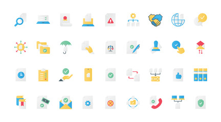 Abstract certificate of quality guarantee for business product, paper with seal and stamp badge to approve audit form or report, agreement. Document approval flat icons set vector illustration.