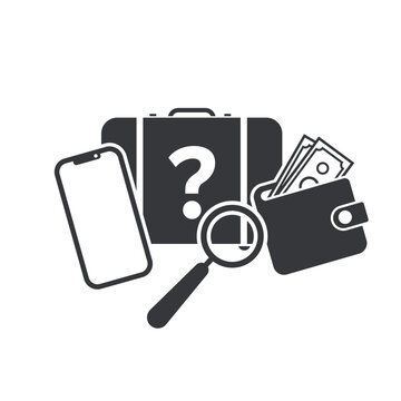 Isolated lost and found pictogram with briefcase, phone, wallet, and question mark, symbolizing missing items in public areas.