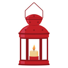 Red Christmas lantern with a burning candle. Holiday winter home decor. Flat vector illustration isolated on a white background.