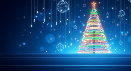 Glowing christmas tree with digital snowflakes on blue background