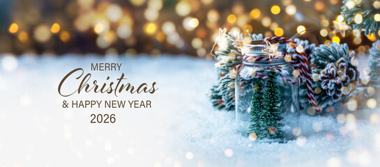 Christmas Card - Merry Christmas and Happy New Year 2026 - Christmas tree in snow and magic bokeh...