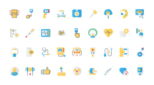 Medical devices vector illustration set. Equipment and machine work to monitor health and diagnosis of patient, hospital EKG and glucometer, ultrasound scanner and thermometer.