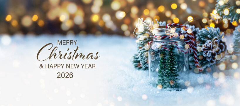 Christmas Card - Merry Christmas and Happy New Year 2026 - Christmas tree in snow and magic bokeh lights - winter background banner, header, xmas greetings