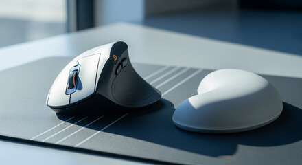 Ergonomic Vertical Mouse and Wrist Rest for Healthier Computing
A close-up, high-key photograph showcasing a modern ergonomic workstation setup