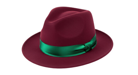 Isolated burgundy fedora hat with green ribbon close up headwear stylish accessory design