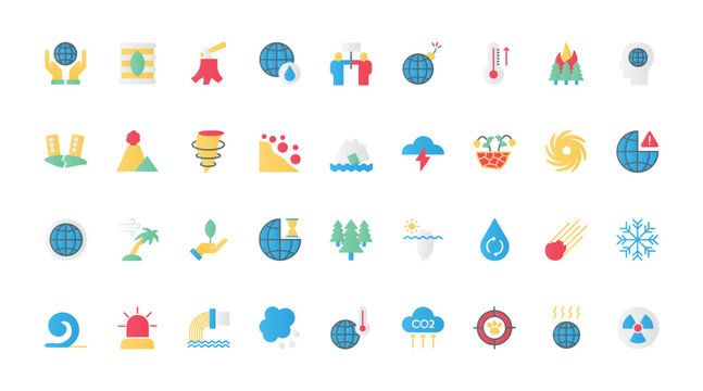 Global environment disasters due to climate change flat icons set vector illustration. Symbols of extreme weather problems, earthquake and drought, ocean storm and hurricane, melting ice.