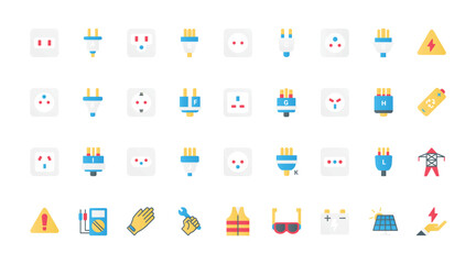 Electric power socket types flat icons set vector illustration. Symbols collection of world standards for outlets of different countries, safety gear, equipment of electrician, and battery.