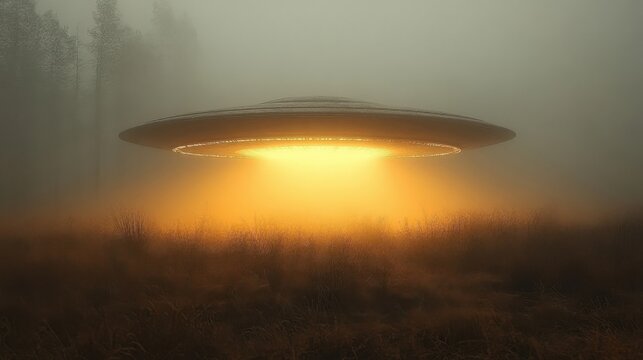 A glowing flying saucer hovers above a foggy field, lights beaming down. Forest backdrop