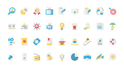 Storytelling flat icons set vector illustration. Black symbols collection of author telling a story, news interview of journalist, digital content and information of a blogger in social media.