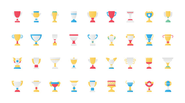 Trophy cups, award flat icons set vector illustration. Abstract outline trophy symbols collection, reward for sports champions and winners in a championship, goblet prize for a football team.