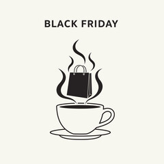 Single Vector Icons of Black Friday Shopping Bag Steaming Hot Coffee Cup Icon. EPS Editable