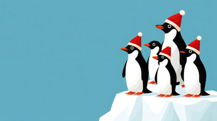 Obraz premium Christmas penguin group wearing red hat standing on snowy ice with blue sky background, joyful winter holiday scene
