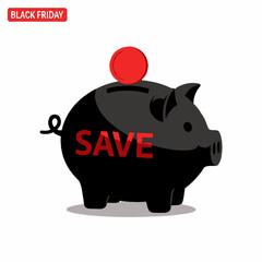 Single Vector Icons of Black Friday Savings Piggy Bank with Coin and Save Text. EPS Editable