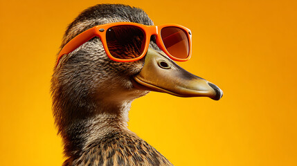 Mallard duck wearing orange sunglasses studio portrait bird animal