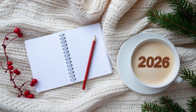 Warm cozy scene with open notebook, red pencil, and coffee featuring the year 2026, perfect for planning and aspirations