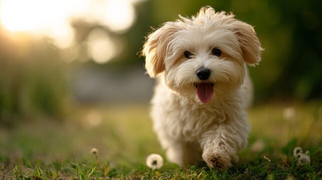 Adorable happy maltese like puppy joyfully running through lush green grass in a sunny park, its tongue out and eyes sparkling with playful energy during an outdoor walk